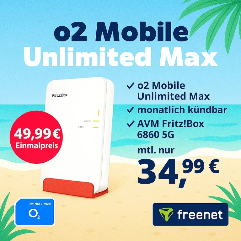 📶 o2 Max+Router 22,46€ eff. 5G unbeg. freenet