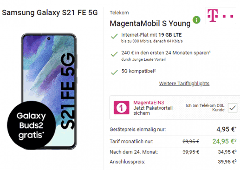 Samsung Galaxy S21 FE 5G für 4,95€ mit 19 GB Telekom Magenta Mobil S MagentaEINS Tarif für 24,95€ | effektiv 0€ für den Vertrag