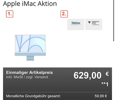 Apple iMac 24 Zoll M1 (2021) 4,5K Retina für 629€ mit Mobilcom o2 Free Unlimited Max für 59,99€