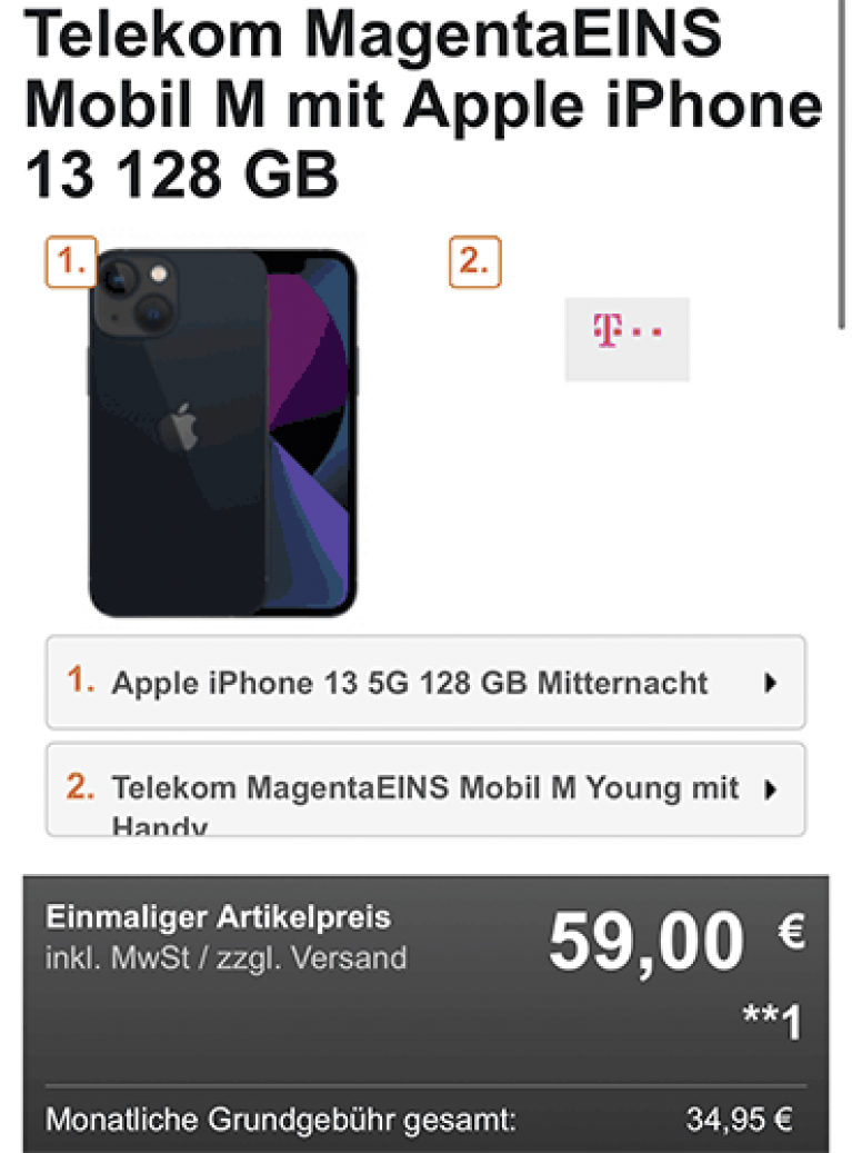 Apple iPhone 13 128GB für 59€ mit 39 GB Telekom Magenta Mobil M Young MagentaEINS Tarif für 34,95€ | effektiv 0€ für den Vertrag