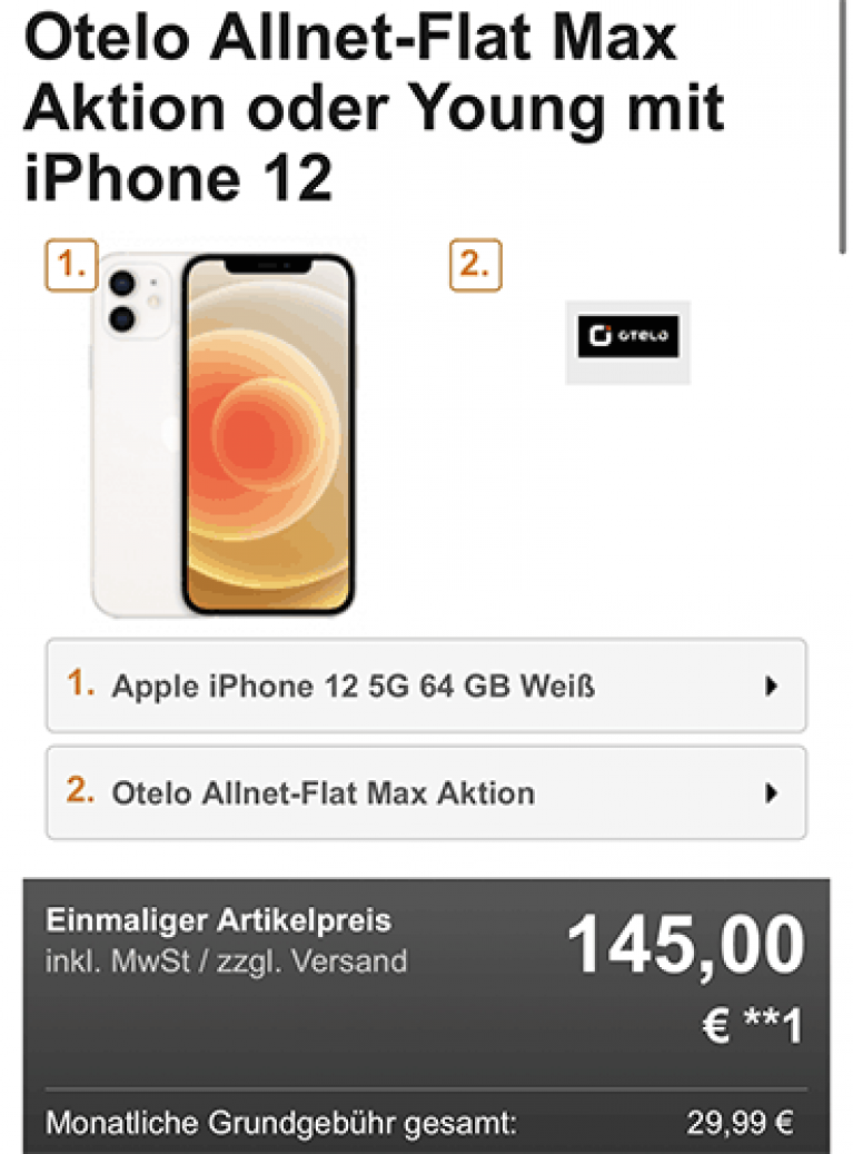 Apple iPhone 12 ab 145€ mit bis zu 29 GB otelo Allnet Flat Max (Young) Tarif für 29,99€ | effektiv 6€ für den Vertrag