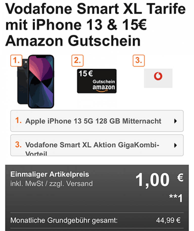 Apple iPhone 13 128GB für 1€ + 15€ Amazon Gutschein mit 40 GB Vodafone Smart XL Tarif für 44,99€ | effektiv 12€ für den Vertrag