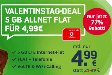 5 GB Mobilcom Debitel Vodafone LTE Allnet Flat für 4,99€