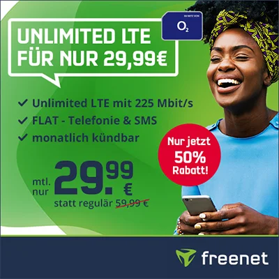 Mobilcom o2 Free Unlimited Max (unbegrenztes Datenvolumen) für 29,99€ | monatlich kündbar