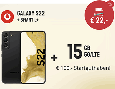 Samsung Galaxy S22 für 22€ + 100€ Startguthaben mit 15 GB Vodafone Smart L Plus 5G für 34,99€ | effektiv 0€ für den Vertrag