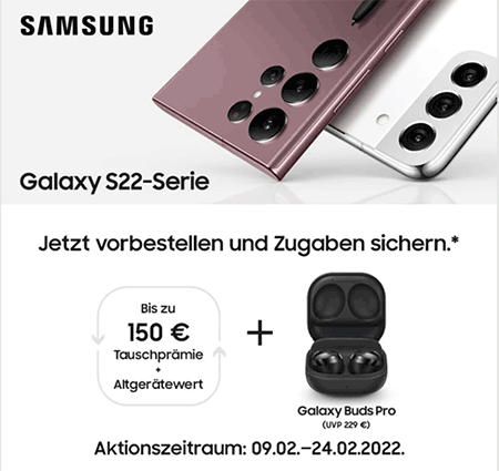 Samsung Galaxy S22 (Plus) 5G | S22 Ultra 5G vorbestellen ab 1€ mit Vertrag