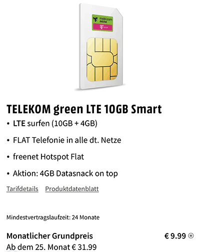 14 GB Mobilcom Telekom Allnet Flat für 9,99€ pro Monat
