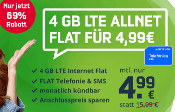 4 GB o2 LTE Allnet Flat für 4,99€ | ohne Laufzeit