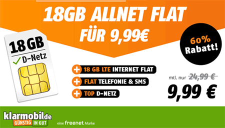 18 GB Klarmobil Vodafone LTE Allnet Flat für 9,99€ / Monat