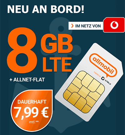 8 GB Vodafone LTE Allnet Flat für 7,99€ | 10 GB Flat für 11,99€ | Allmobil otelo