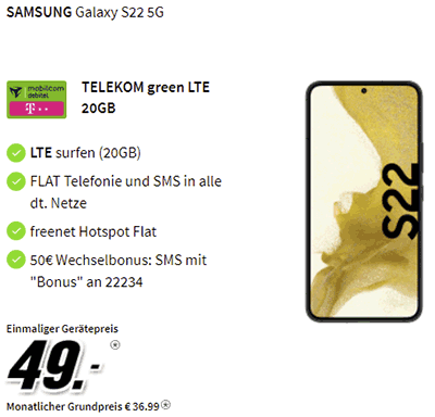 Galaxy S22 für 49€ mit MD Green Telekom 20 GB Tarif für 36,99€ | effektiv 7,32€ für den Vertrag