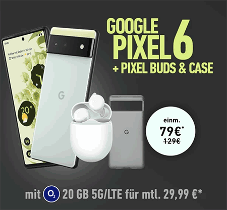o2 Free M (20 GB LTE) für 29,99€ mit Xiaomi 11T Pro, Galaxy S21 FE ab 4,95€ | Google Pixel 6 mit Case & Pixel Buds A für 49€
