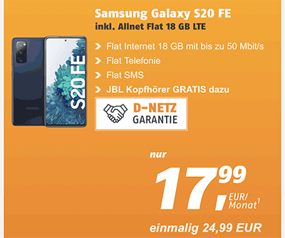Galaxy S20 FE mit JBL Tune 225 für 24,99€ mit Klarmobil 18 GB Tarif für 17,99€ | effektiv 2,49€ für den Vertrag