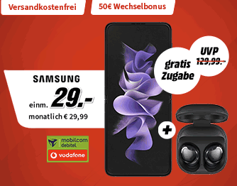 Samsung Galaxy Z Flip3 5G mit Galaxy Buds Pro für 29€ mit 15 GB Vodafone Allnet Flat für 29,99€ | effektiv 2€ für den Vertrag