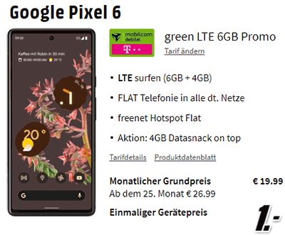 Google Pixel 6 für 1€ mit 10 GB Mobilcom Telekom Flat für für 19,99€ | effektiv 0€ für den Vertrag