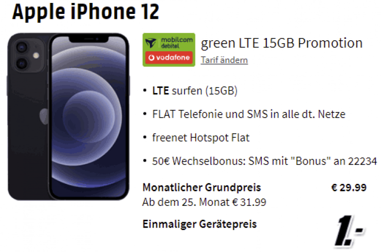 Apple iPhone 12 64GB für 1€ mit 15 GB Vodafone Vertrag für 29,99€ | effektiv rund 5€ für den Vertrag