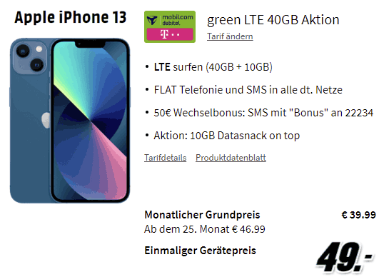 Apple iPhone 13 für 49€ mit 50 GB Mobilcom Telekom Flat für für 39,99€ | effektiv 10€ für den Vertrag