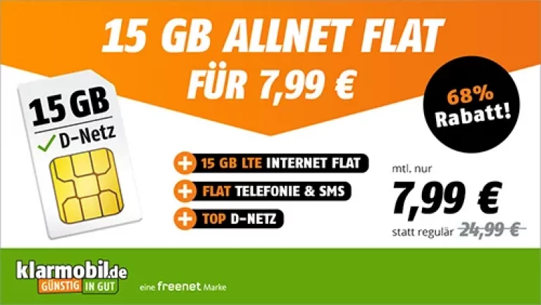 Tarif Kracher 🧨 15 GB Klarmobil Vodafone LTE Allnet Flat für 7,99€