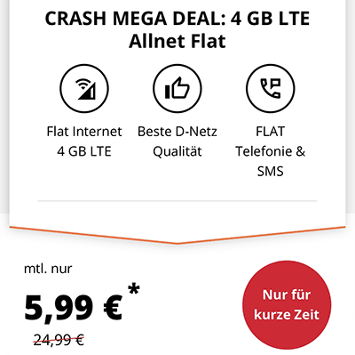 Best-Preis: 4 GB Crash Telekom LTE Allnet Flat für 5,99€