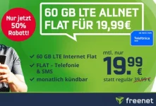 Freenet 60 GB LTE o2 Allnet Flat Tarif für 19,99€ | ohne Laufzeit