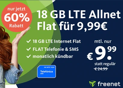 BESTER PREIS: Freenet 18 GB LTE o2 Allnet Flat für 12,99€ | ohne Laufzeit