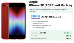 Apple iPhone SE (2022) für 1€ mit 16 GB Blau Allnet Max für 25,99€ | effektiv 7€ für den Vertrag
