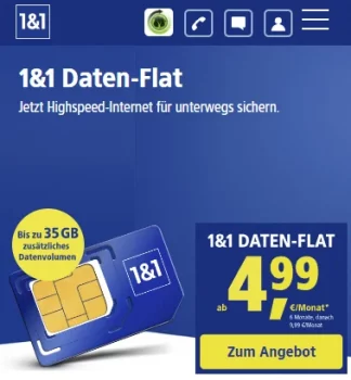 1&1 Mobile Datenflat / Datentarif ab 4,99€ | TOP-Deal: 20 GB im 5G Netz ab 14,99€