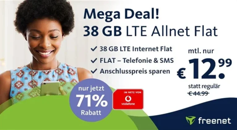Tarif Kracher: 38 GB Freenet Vodafone LTE Allnet Flat für 12,99€