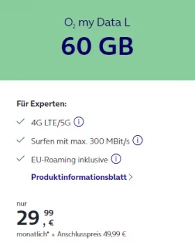 o2 Datentarife ab 9,99€ | TOP-Deal: 60 GB im 5G Netz für 29,99€