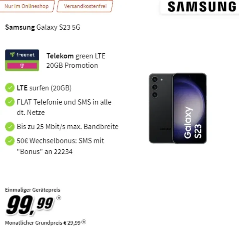20 GB Freenet Telekom Tarif ab 29,99€ mit Galaxy S23 für 99,99€