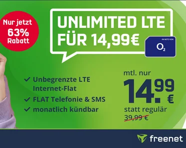Freenet o2 Free Unlimited Smart (unbegrenztes Datenvolumen) für 14,99€ | monatlich kündbar
