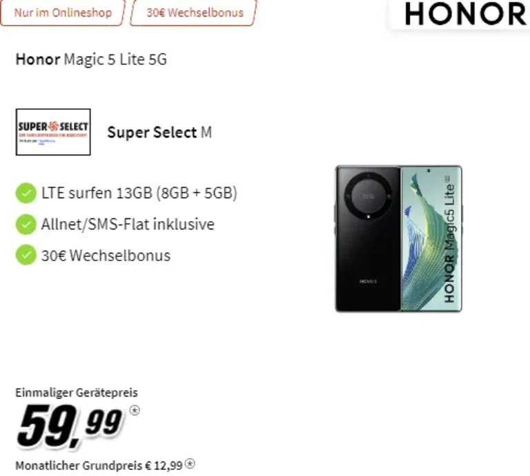 13 GB Super Select M ab 12,99€ mit Honor Magic5 Lite für 59,99€ uvm.