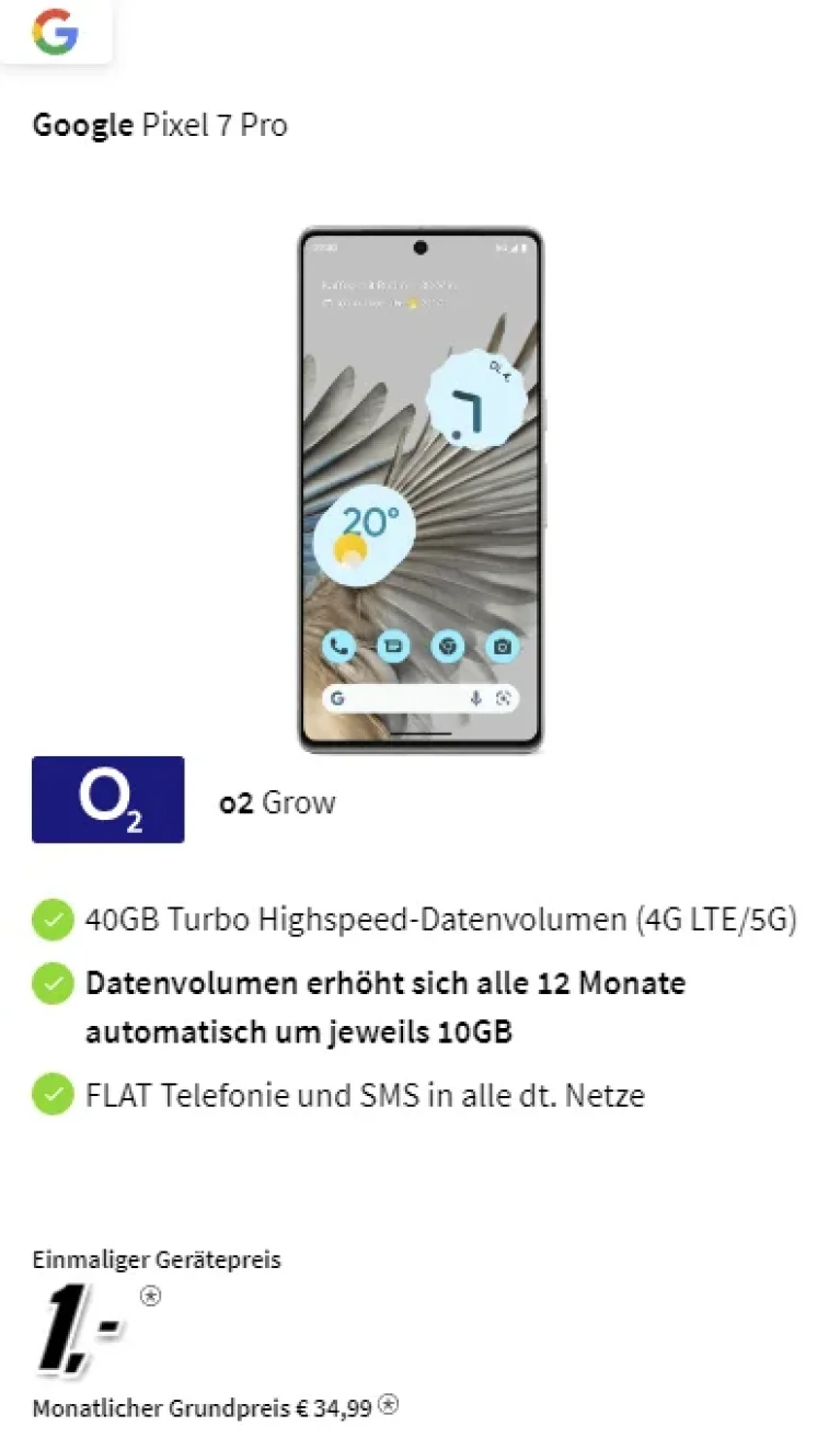 o2 Grow (Young) 40 GB für 34,99€ mit Google Pixel 7 für 1€