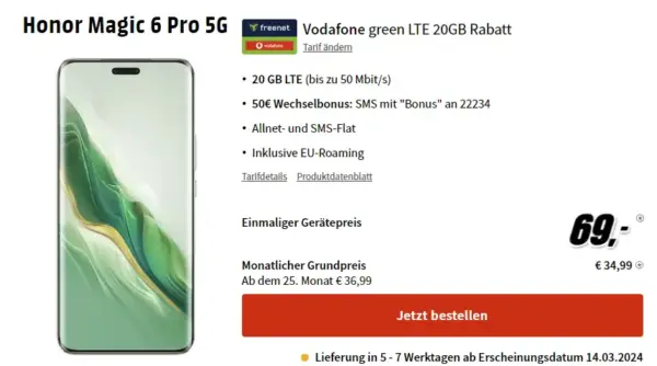 Freenet Green Vodafone 20 GB ab 34,99€ mit Honor Magic 6 Pro für 69 €