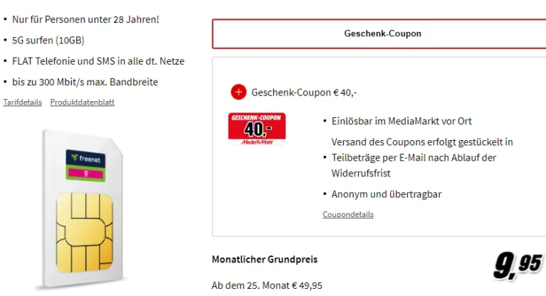 Magenta Mobil S Young 5G Tarif für 9,95 EUR mit 40 EUR MediaMarkt Gutschein