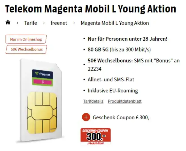 80 GB 5G für 14,12€/Monat: Telekom Magenta Mobil L Young