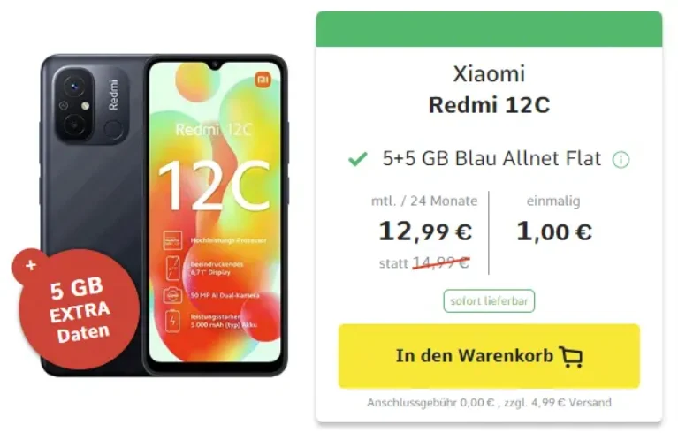 Blau Allnet XL 10 GB ab 12,99€ mit Xiaomi Redmi 12C für 1€
