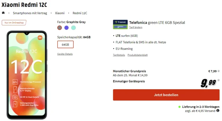 6 GB freenet green Telefonica ab 7,99€ mit Redmi 12C für 9,99€