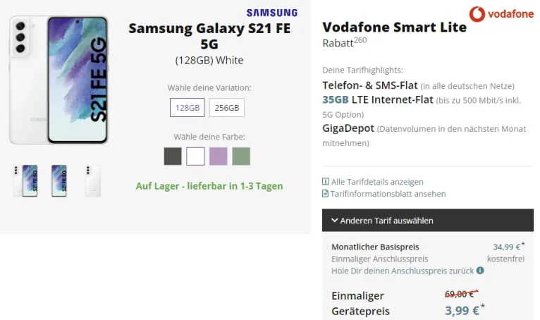 S21 FE 5G nur 3,99€ + 15,20€/Monat: Vodafone 35GB Tarif 🚨