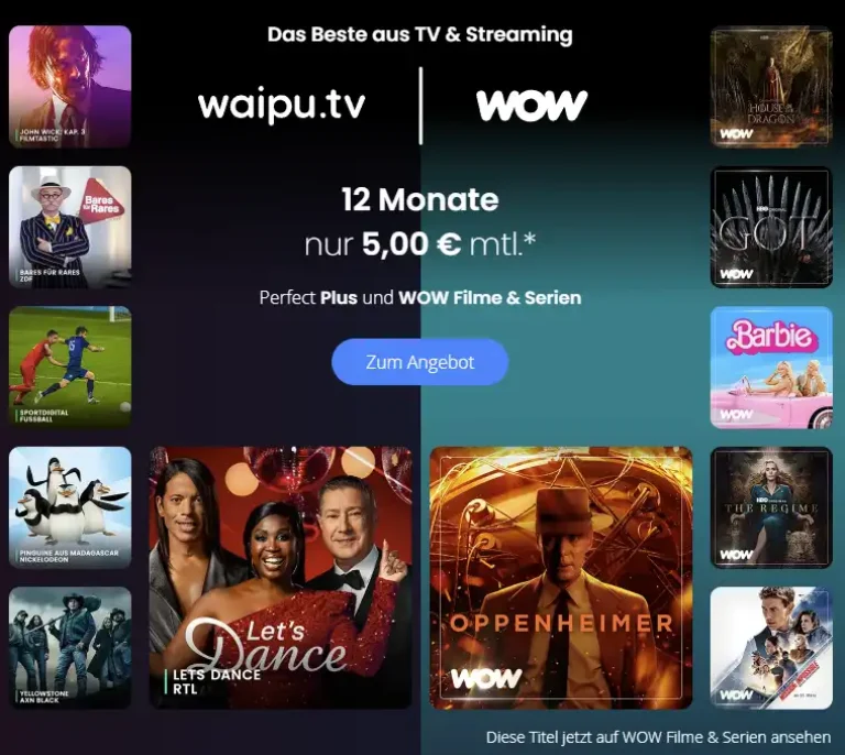 Streaming-Angebot: waipu.tv Perfect Plus mit WOW für 5 € / Monat