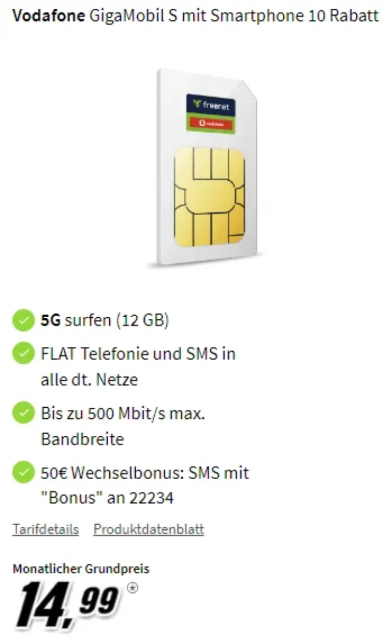 Freenet Vodafone GigaMobil S: 5G mit 12 GB für 14,99 EUR 🚀