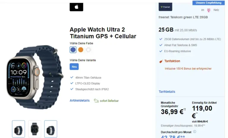 Apple Watch Ultra 2 für 119€ mit 25 GB Telekom eff. 5,74€ mtl.
