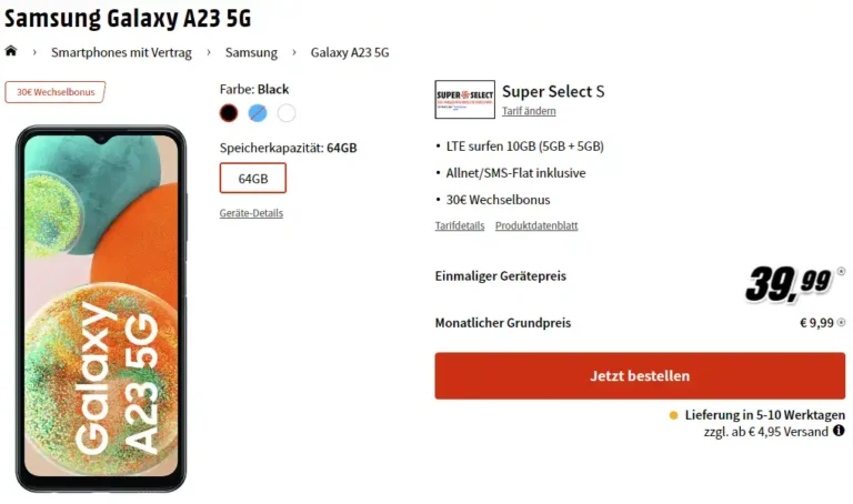 Galaxy A23 für 39,99€ mit 10 GB o2 Super Select Vertrag eff. 4,16 € | mit MNP: 2,91€