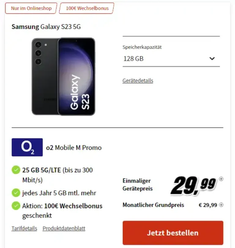 🚀 Galaxy S23 für 29,99€ mit 25 GB o2 5G Vertrag eff. 6,03€ | mit MNP eff. 1,86€