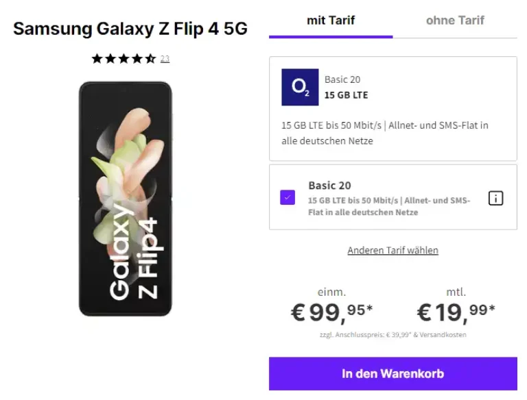 Galaxy Z Flip4 512 GB für 99,95€ mit 13 GB Basic 20 eff. kostenlos mit über 100€ Ersparnis