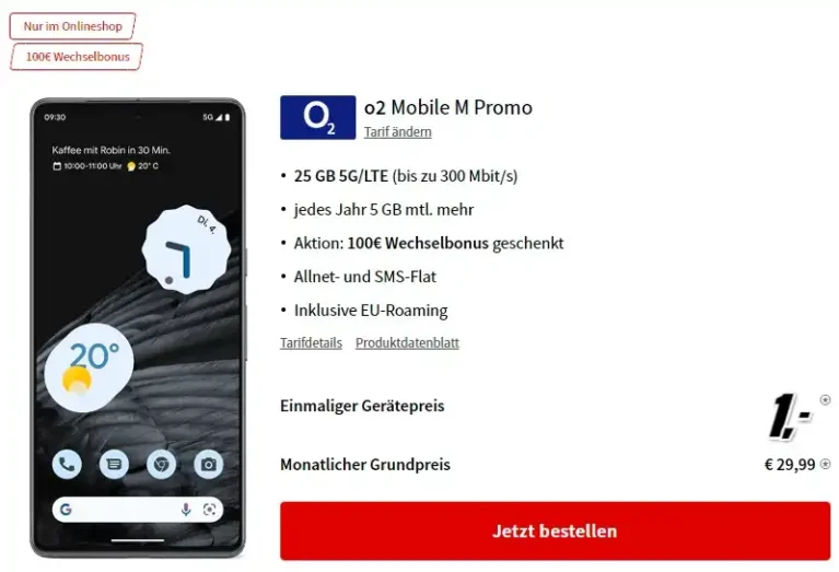 Google Pixel 7 Pro für 1€ mit 25 GB o2 5G Vertrag eff. 1,86€ | mit MNP eff. -2,30€
