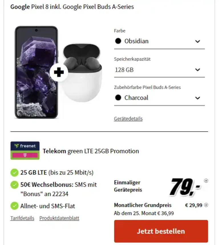 Google Pixel 8 für 79€ mit 25 GB Telekom Vertrag eff. 0,45 € | mit MNP eff. -1,63 €