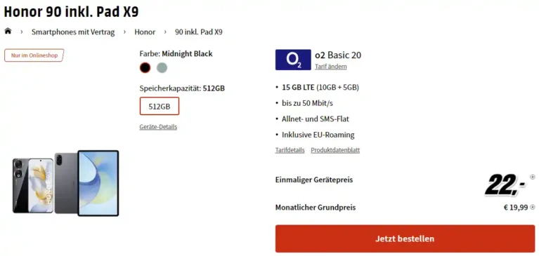 Honor 90 mit PAD X9 für 22€ mit 15 GB o2 Basic 20 Vertrag eff. gratis und 30€ Ersparnis