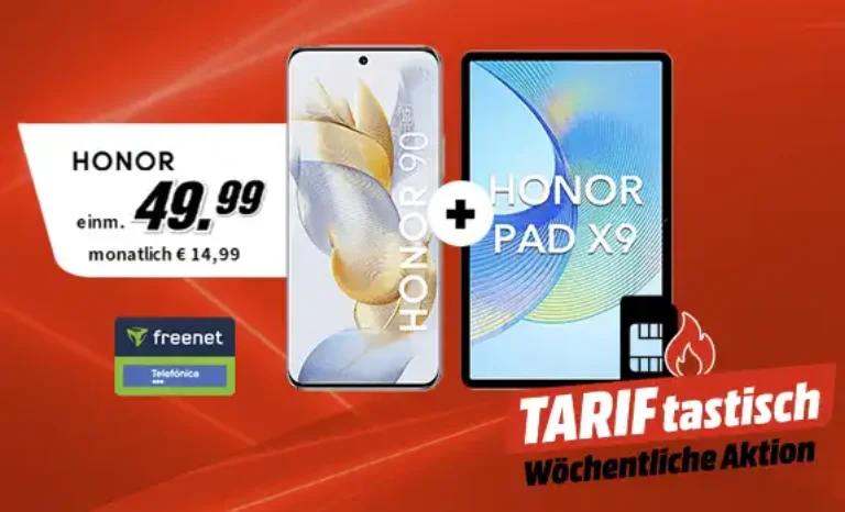 Honor 90 mit PAD X9 für 49,99€ mit 12 GB Telefonica eff. kostenlos mit Ersparnis von 180€