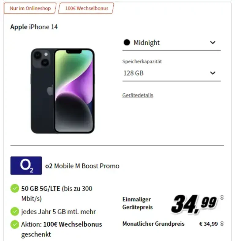 iPhone 14 für 34,99€ mit 50 GB o2 5G Vertrag eff. 6,49€ | mit MNP nur 2,32€